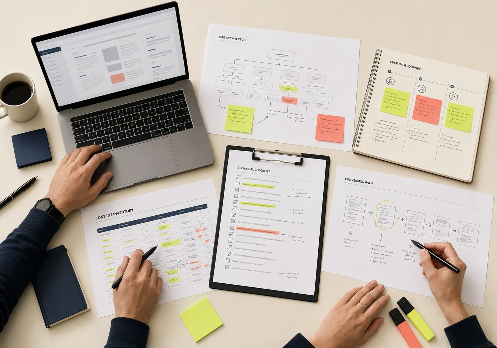 SEO audit workspace with a content inventory, technical checklist, site architecture, customer journey, and conversion path